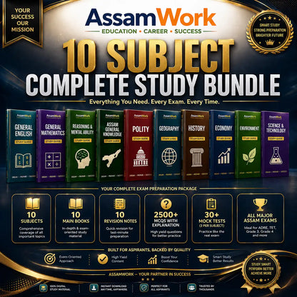 Promotional graphic for the AssamWork 10 Subject Complete Study Bundle, featuring a row of colorful subject-specific book covers (General English, General Mathematics, Reading Ability, Assam State Knowledge, Polity, Geography, History, Economy, Environment, Science & Technology) and gold and white text detailing the study package contents on a dark blue and black background.