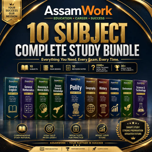 Promotional graphic for the AssamWork 10 Subject Complete Study Bundle, featuring a dark gold and black background with large gold and white text. Below the headline, a row of colorful mock book covers represents the different subjects included: General English, General Mathematics, Reasoning & Mental Ability, Assam GK, Polity, Geography, History, Economy, Environment, Science & Technology.