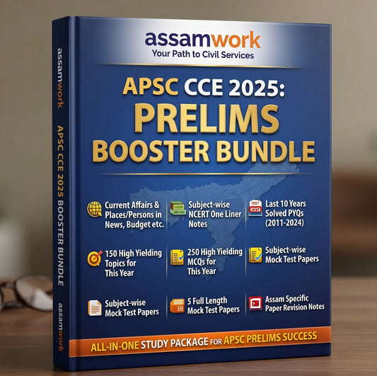 Book titled 'APSC CCE 2025 Prelims Booster Bundle' by Assamwork on a wooden surface.