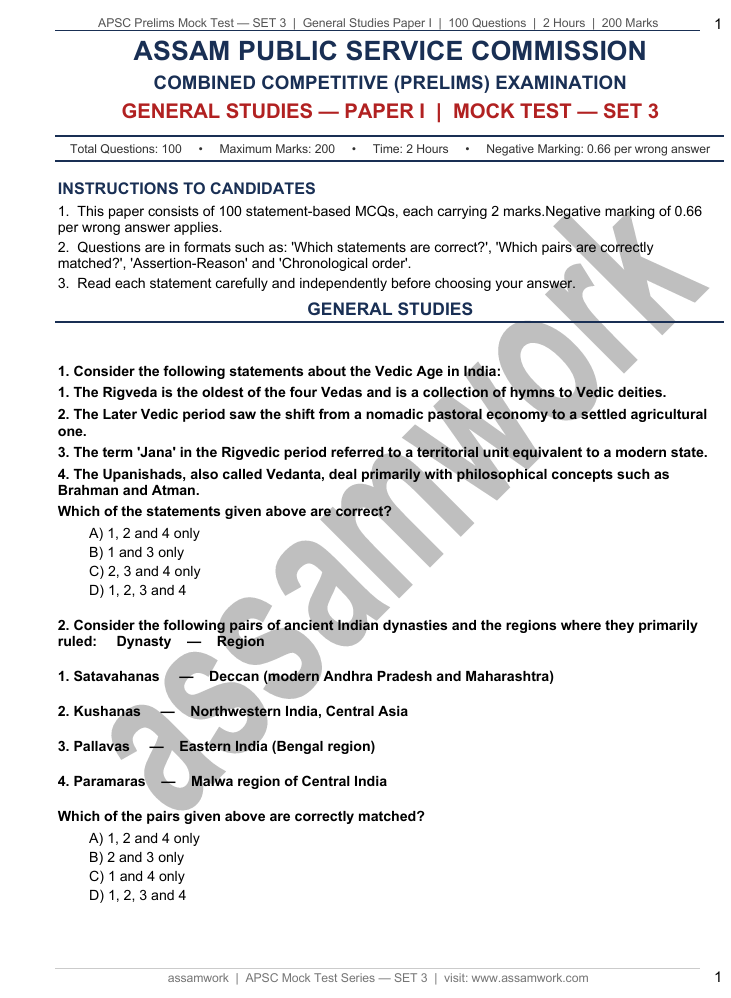 assamwork APSC Prelims GS Paper 1 Full Length Mock Test 2026 | Set of 3 Mock Test Papers PDF
