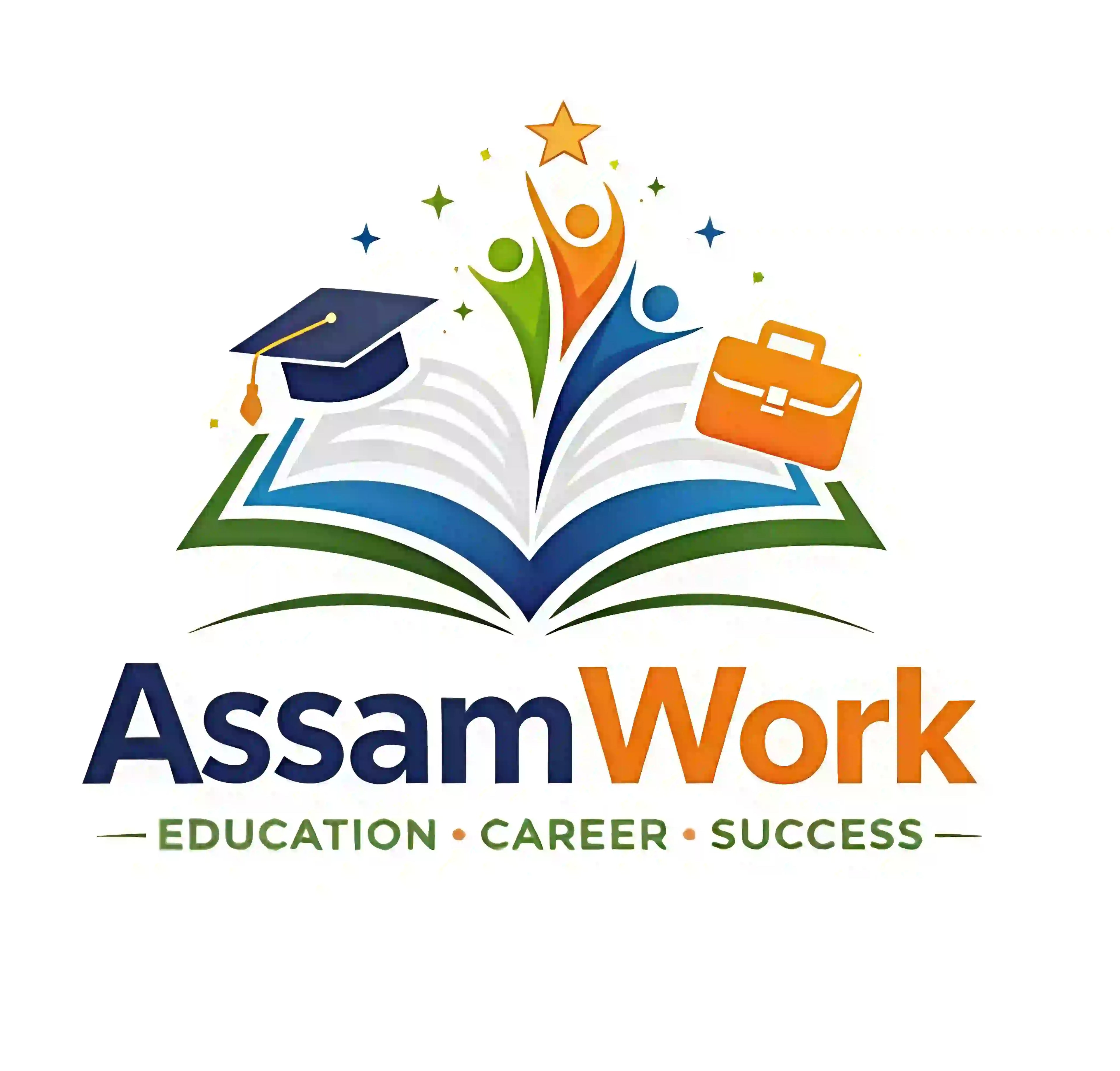 Assam Work logo with educational and career symbols on a white background