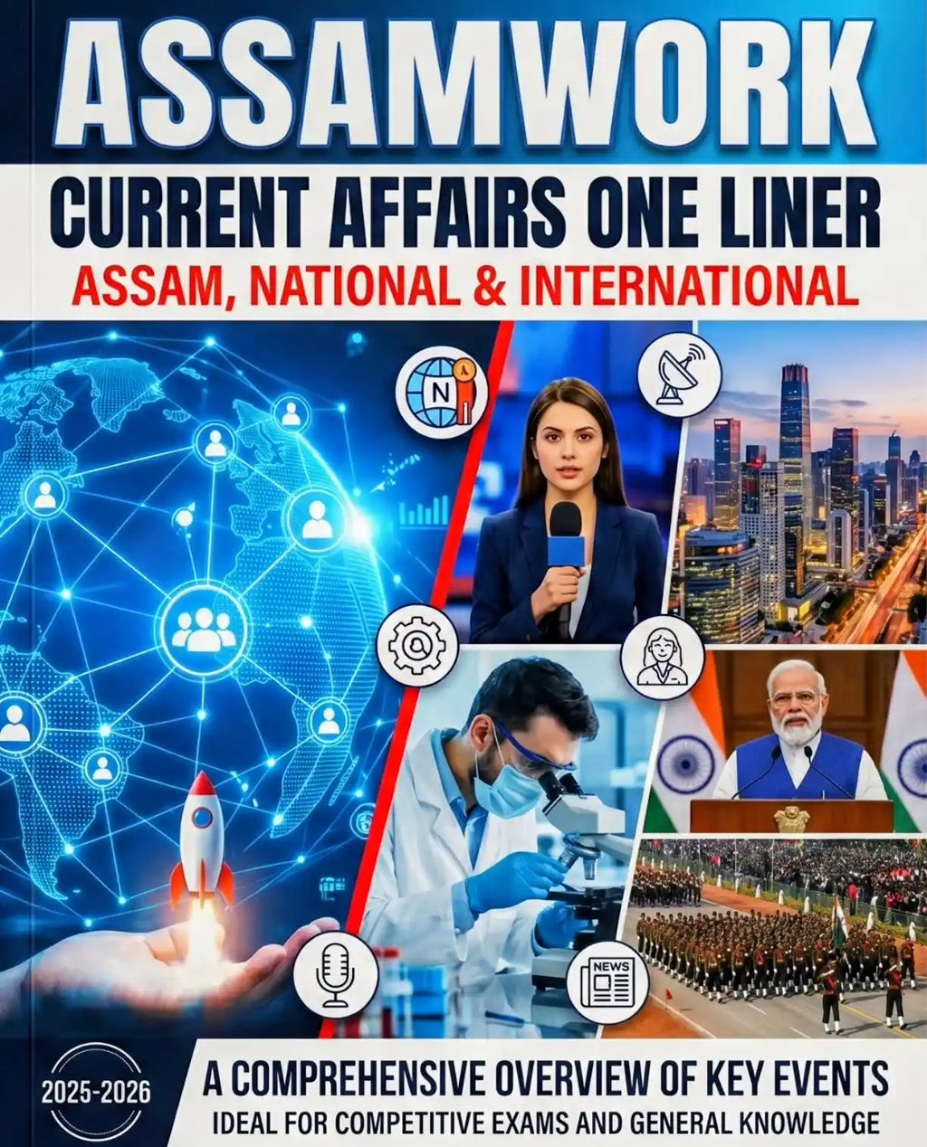 Assamwork Current Affairs One Liner book cover with images of a news anchor, scientist, and military parade.