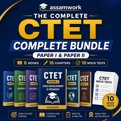 Promotional graphic for the Assamwork CTET Complete Bundle, showing a dark blue background with large yellow and white text, a row of colorful book covers for CTET Paper I and Paper II, and a stack of mock test sheets with a gold badge indicating 10 mock tests.