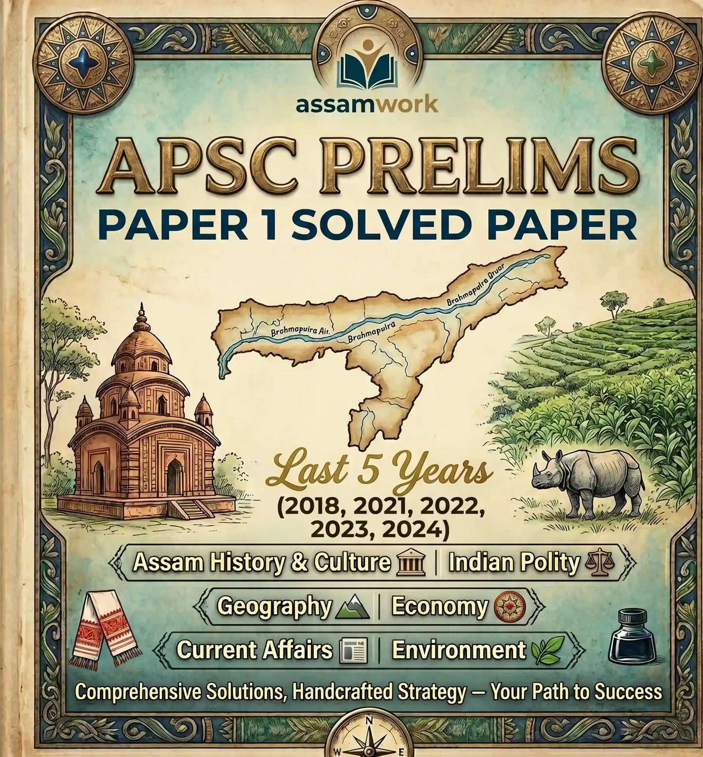 Book cover of APSC Prelims Paper 1 last 5 years Solved Paper by Assamwork with decorative elements and map of Assam.