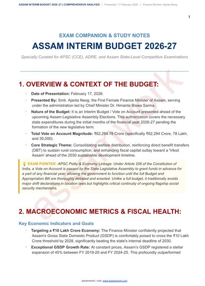 Union Budget & Assam Interim Budget 2026–27 | With FREE One Liner Current affairs