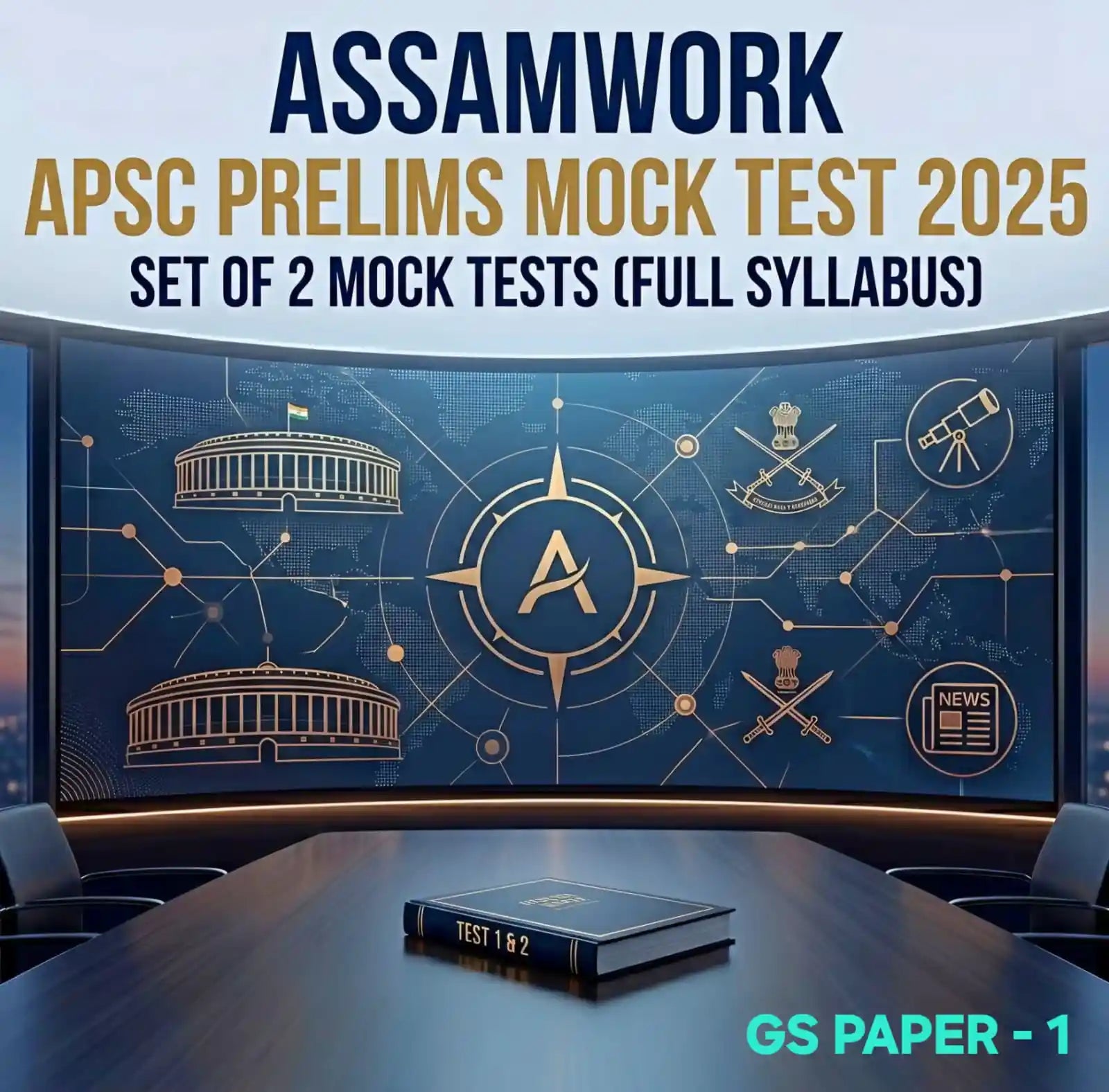 Promotional image for Assamwork APSC Prelims Mock Test 2025 with a mock test book on a table.
