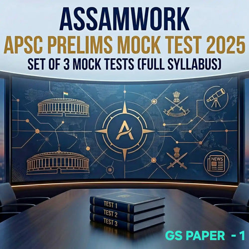 Promotional image for Assamwork APSC Prelims Mock Test 2025 with books on a table in front of a screen displaying the Assamwork logo.