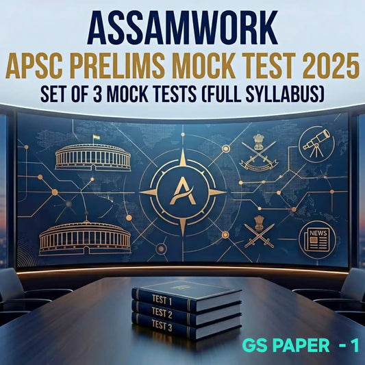 Promotional image for Assamwork APSC Prelims Mock Test 2025 with books on a table in front of a screen displaying the Assamwork logo.