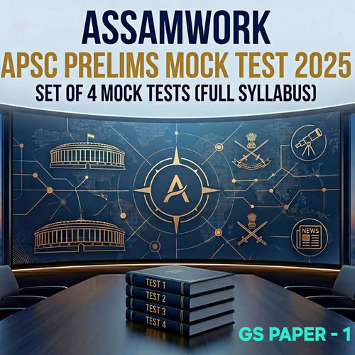 Promotional image for Assamwork APSC Prelims Mock Test 2025 with mock test books on a table.
