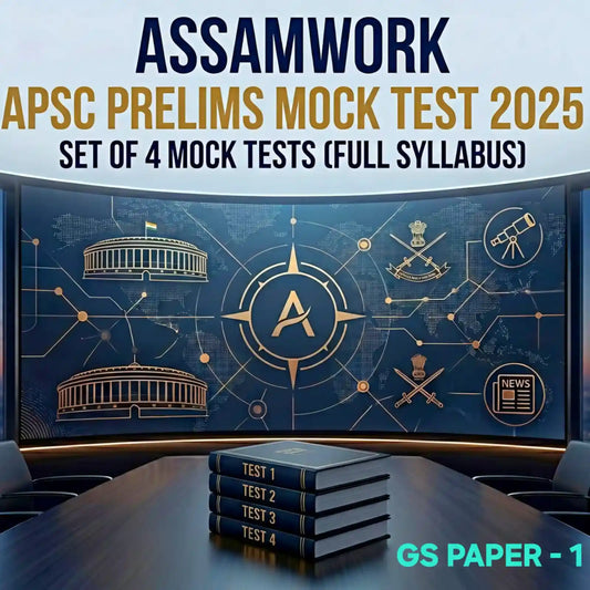 Promotional image for Assamwork APSC Prelims Mock Test 2025 with mock test books on a table.