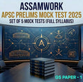 Promotional image for Assamwork APSC Prelims Mock Test 2025 with books on a table and a backdrop of logos.