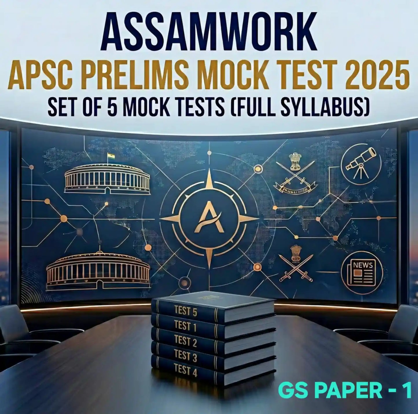 Promotional image for Assamwork APSC Prelims Mock Test 2025 with books on a table and a backdrop of logos.