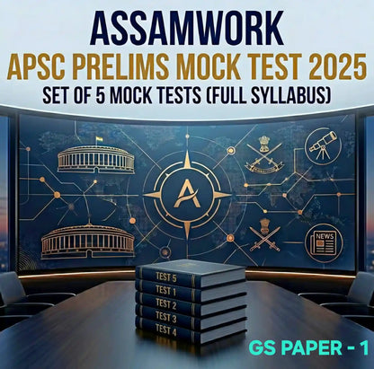 Promotional image for Assamwork APSC Prelims Mock Test 2025 with books on a table and a backdrop of logos.