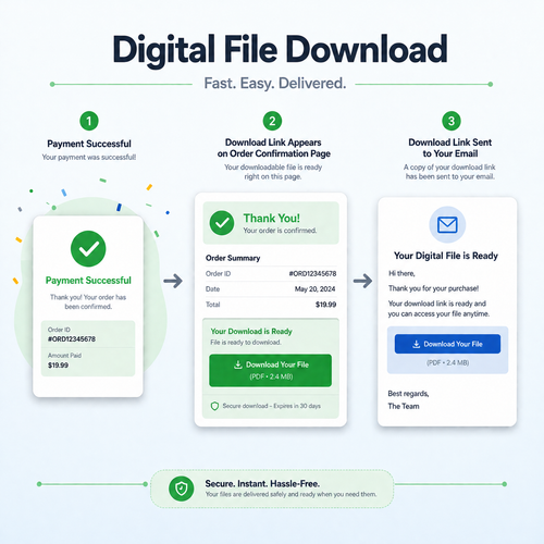 Digital File Download service infographic showing a three-step process: successful payment, order confirmation page, and email delivery. Features three illustrated mobile app and web interface cards on a light blue background with green accents and step numbers 1, 2, and 3.