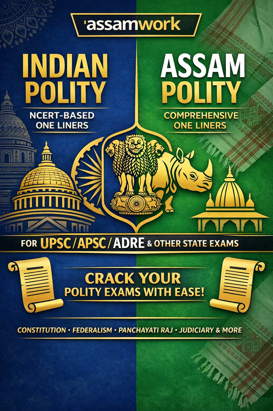 Book cover of 'Assam Polity' with text and logos on a blue and green background